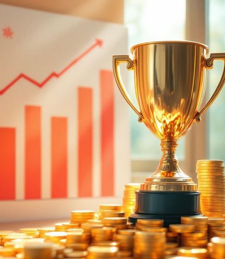 Gráfico de barras crescente com um troféu e moedas de ouro