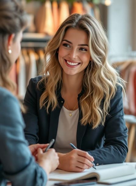 Mulher sorrindo enquanto conversa com outra pessoa em uma mesa